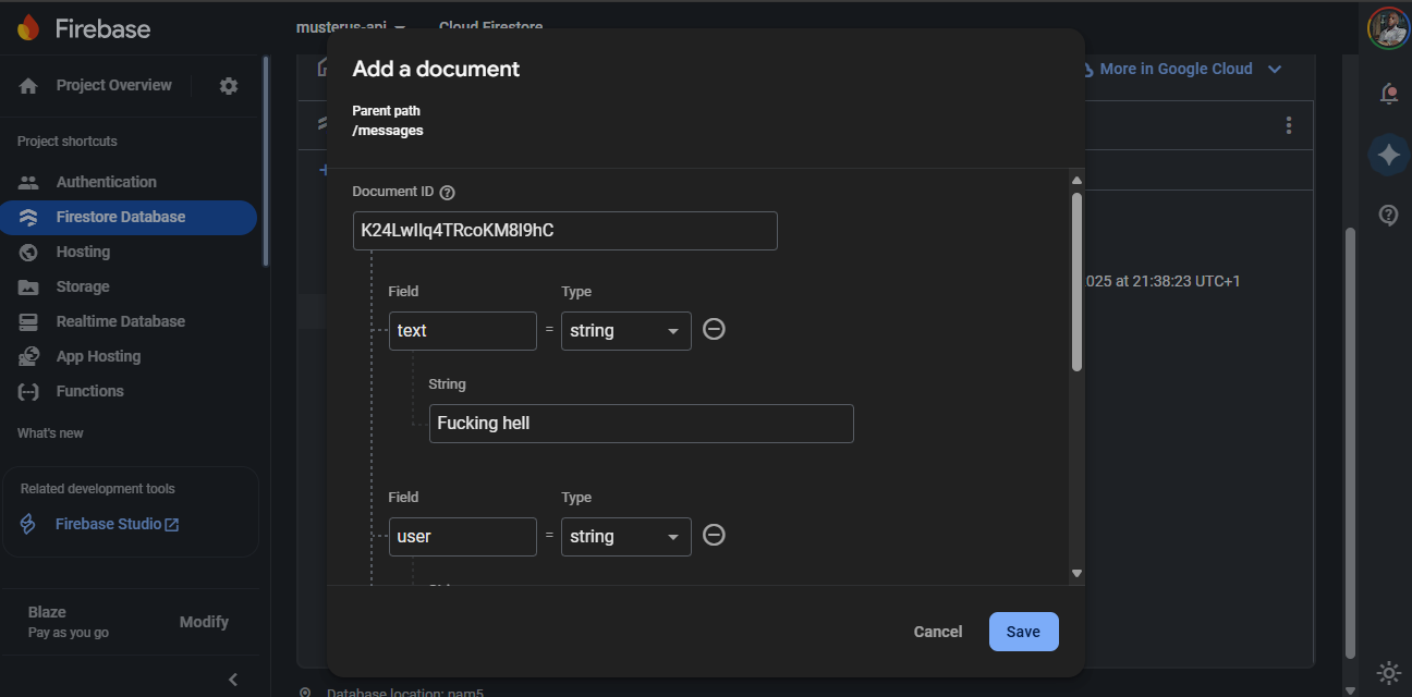 Firestore console interface for creating a new document
